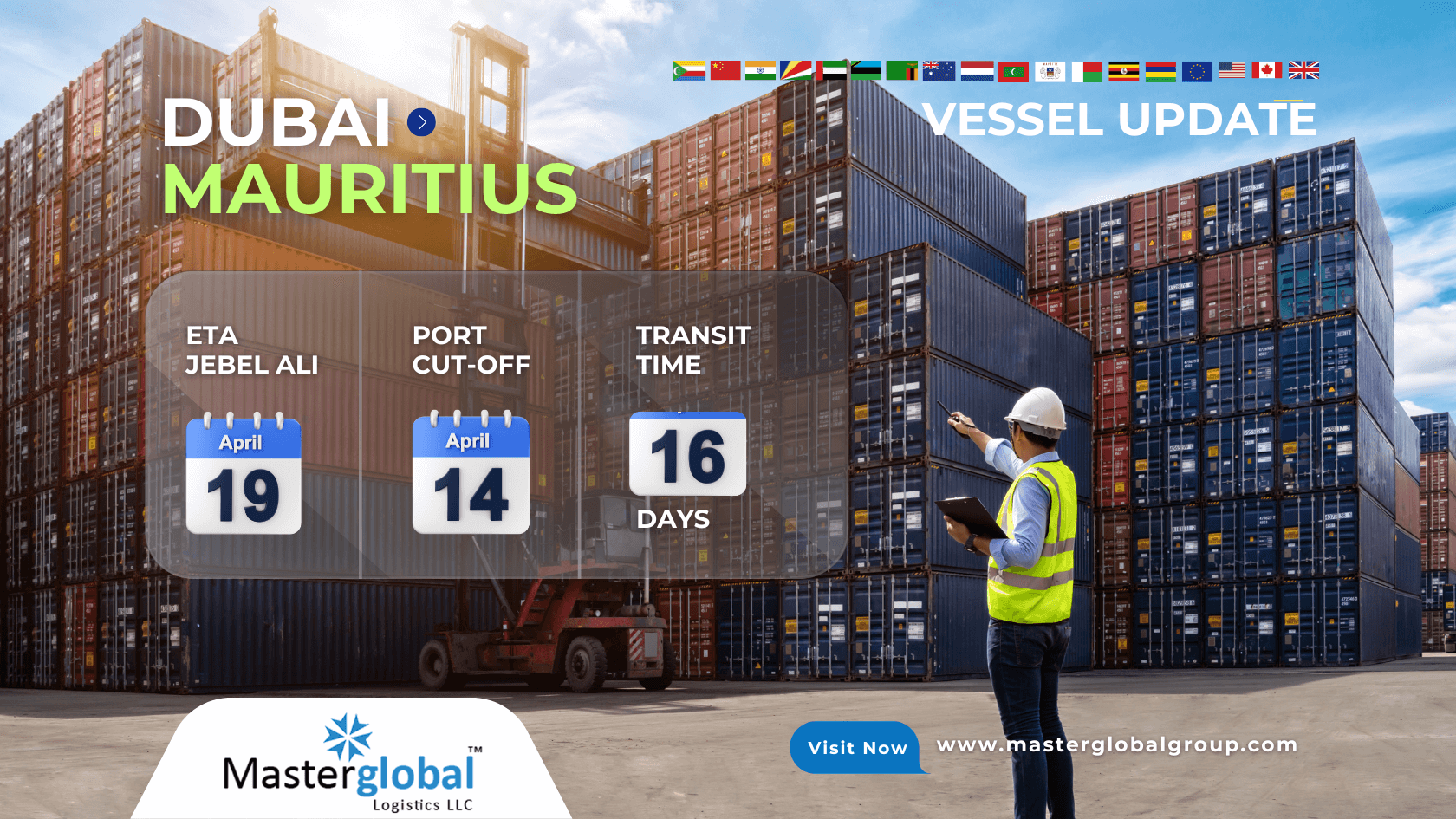 Shipping vessel departing from Dubai, carrying LCL cargo to Mauritius.