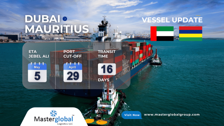 Large cargo vessel sailing from Dubai to Mauritius.