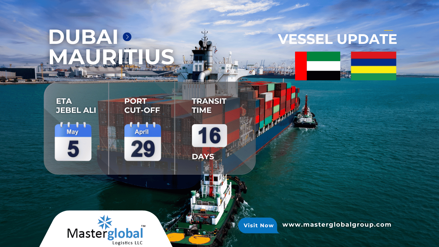 Large cargo vessel sailing from Dubai to Mauritius.