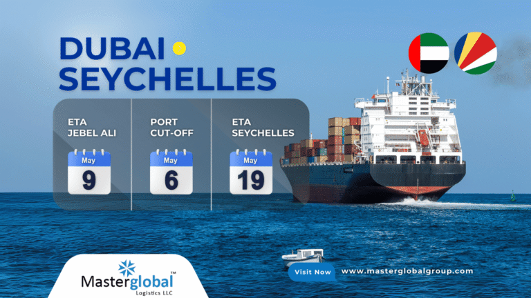 Cargo vessel at Jebel Ali Port ready for Seychelles shipment