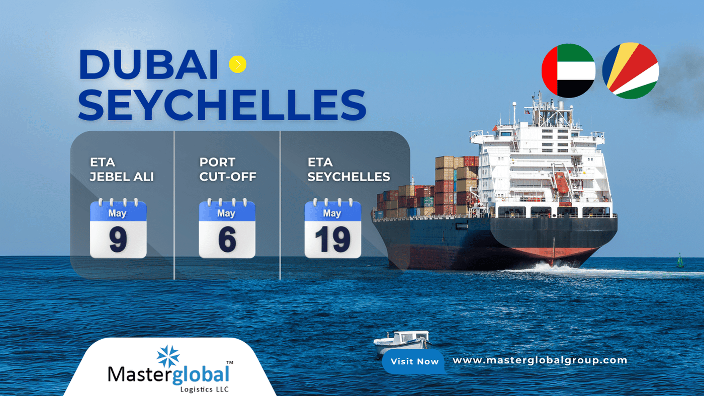 Cargo vessel at Jebel Ali Port ready for Seychelles shipment