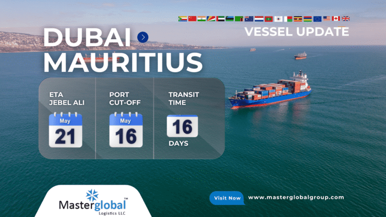 Cargo ship sailing from Dubai to Mauritius