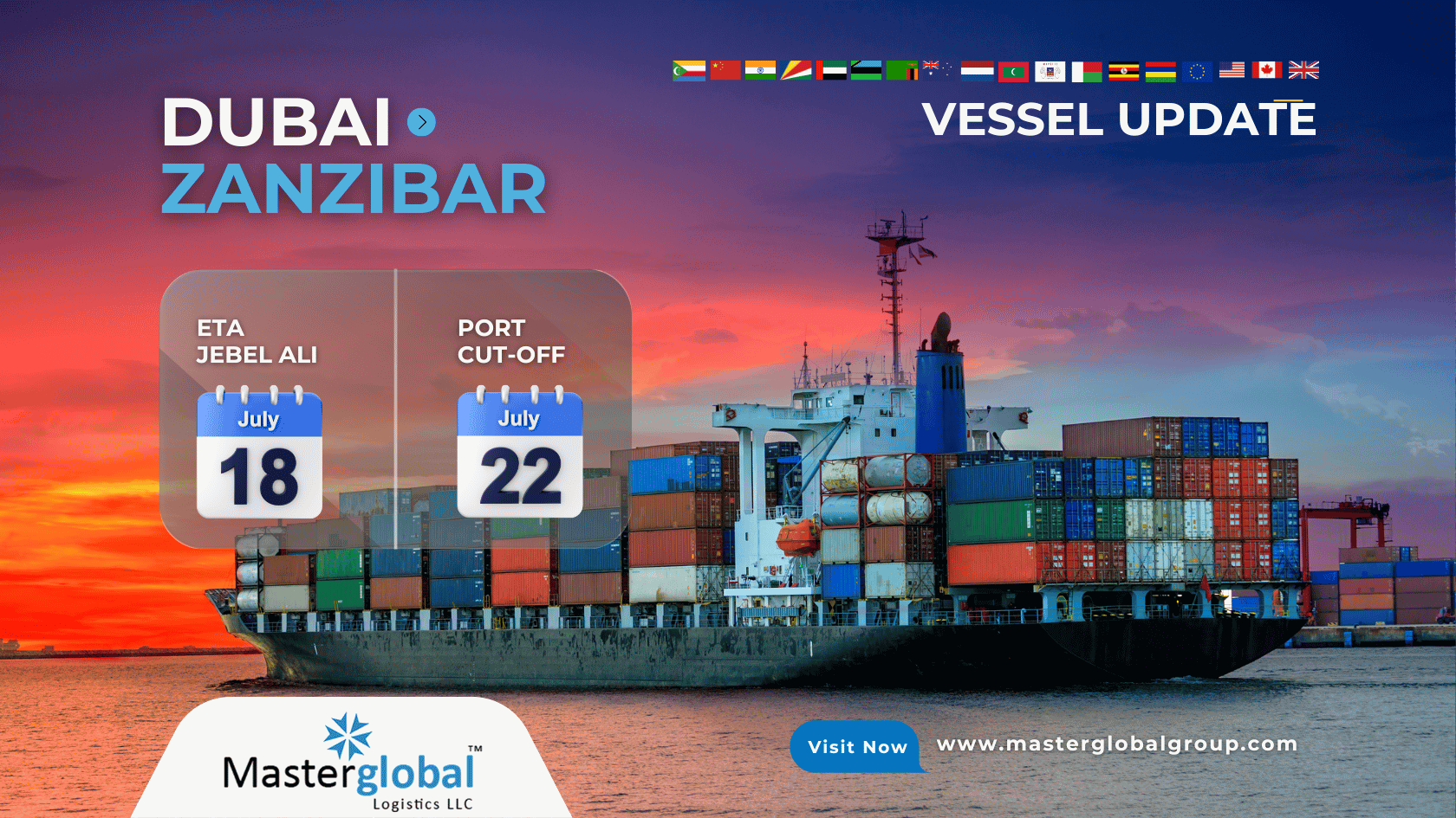 Cargo vessel en route from Dubai to Zanzibar for July 2025 LCL service