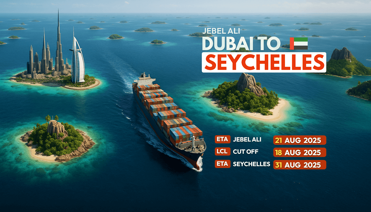 Cargo ship preparing for LCL shipment from Dubai to Seychelles – August 2025