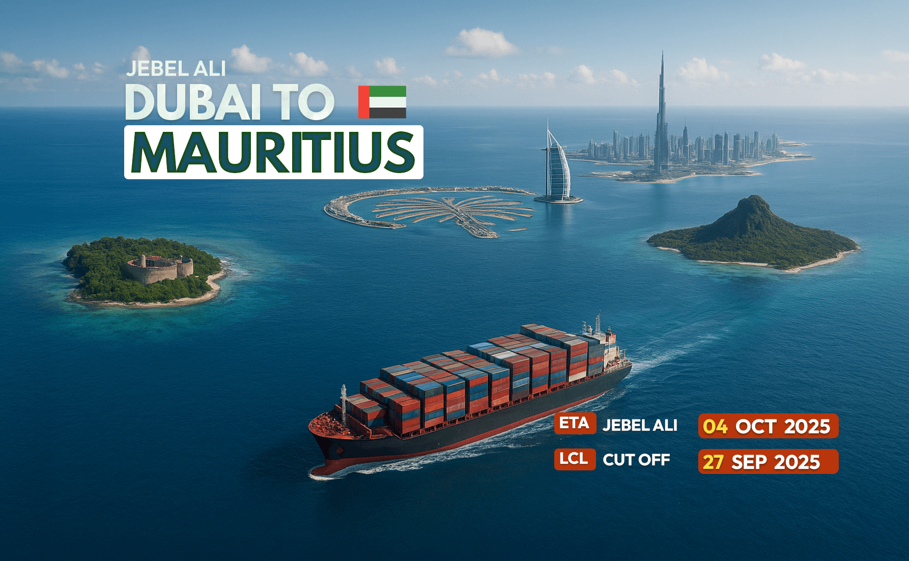Cargo vessel carrying LCL shipments from Dubai to Mauritius - October 2025 service by Masterglobal Logistics