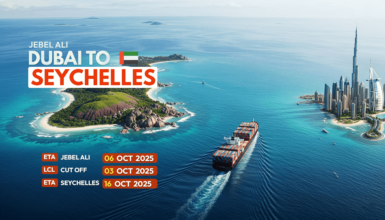Cargo vessel departing Jebel Ali for Seychelles – Direct LCL service October 2025