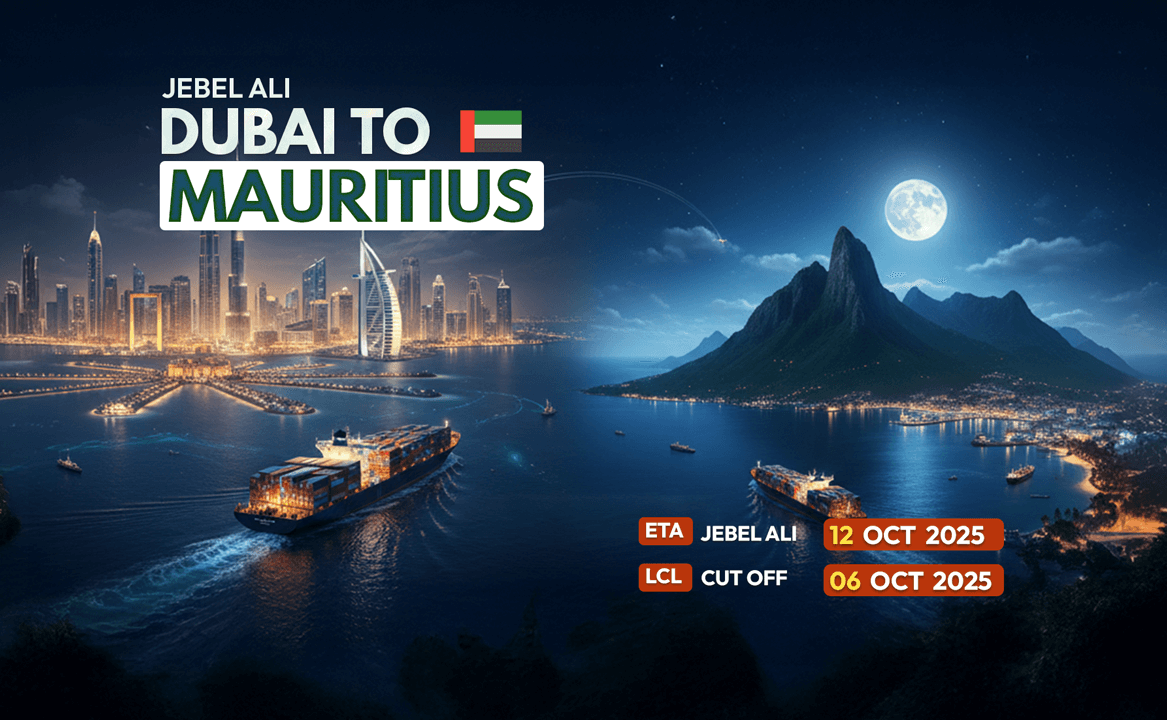 Cargo vessel carrying LCL shipments from Dubai to Mauritius – October 2025