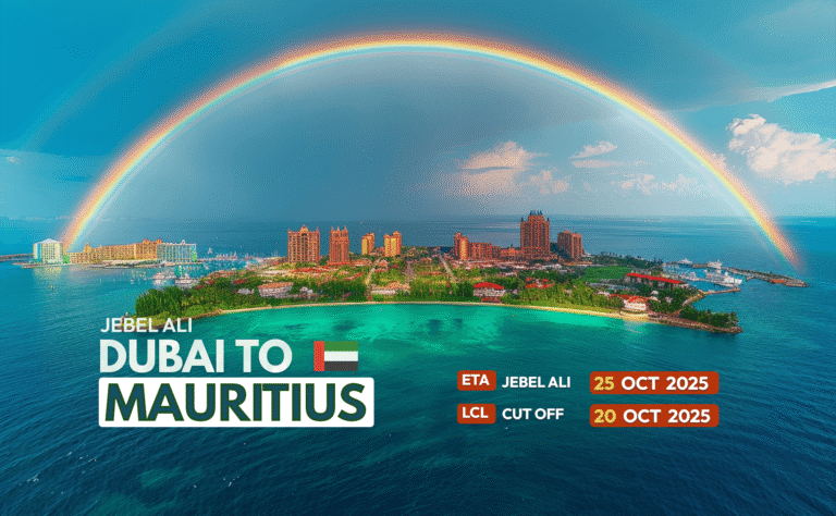 Cargo vessel shipping LCL containers from Dubai to Mauritius – ETA 25 October 2025