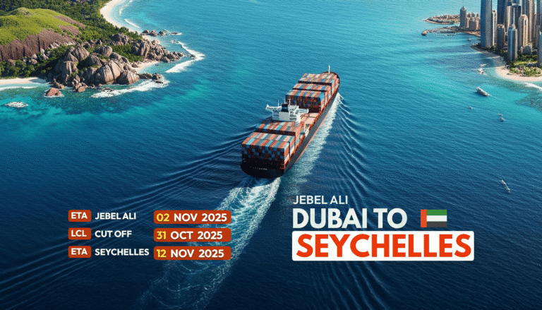 Cargo ship departing Jebel Ali Port in Dubai with LCL cargo to Seychelles under Masterglobal Logistics.
