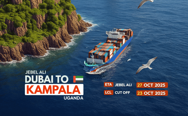 Cargo vessel departing Jebel Ali Port carrying LCL and FCL shipments bound for Uganda – October 2025