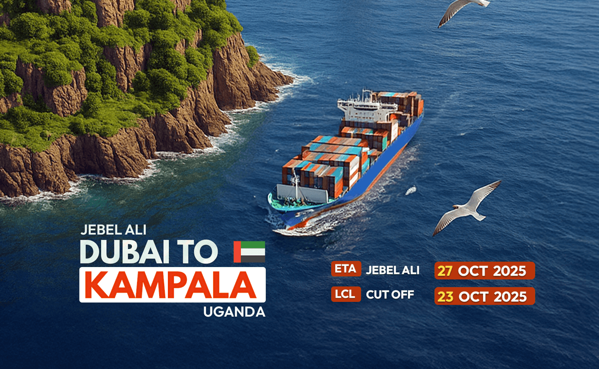 Cargo vessel departing Jebel Ali Port carrying LCL and FCL shipments bound for Uganda – October 2025