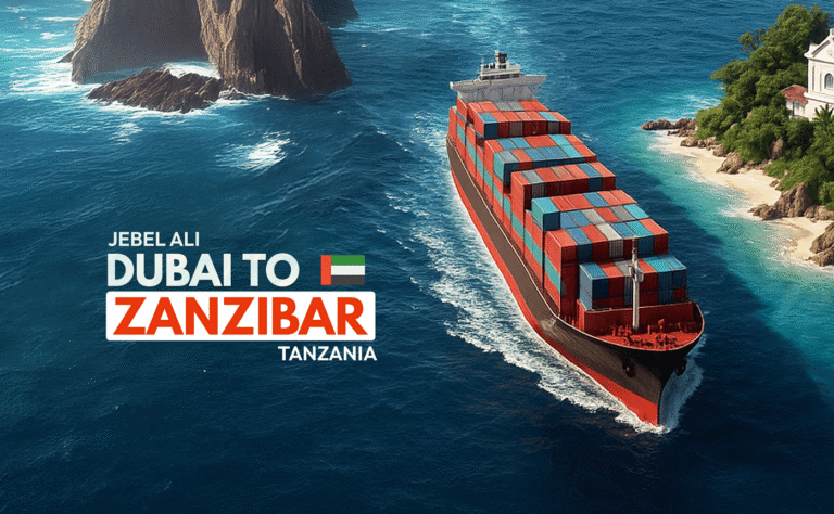 Cargo vessel departing Jebel Ali Port, Dubai, carrying consolidated LCL containers bound for Zanzibar under Masterglobal Logistics.