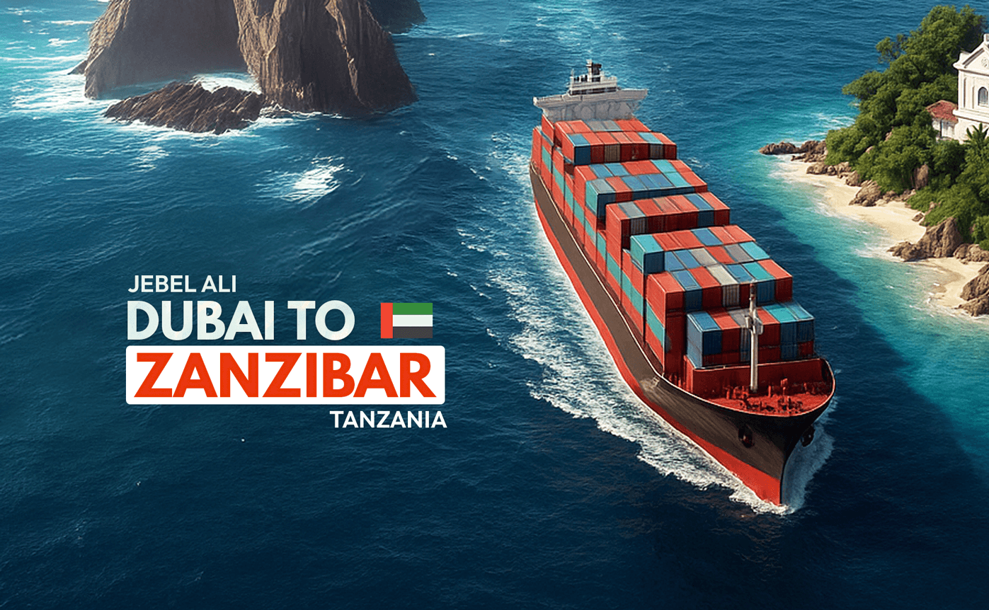 Cargo vessel departing Jebel Ali Port, Dubai, carrying consolidated LCL containers bound for Zanzibar under Masterglobal Logistics.