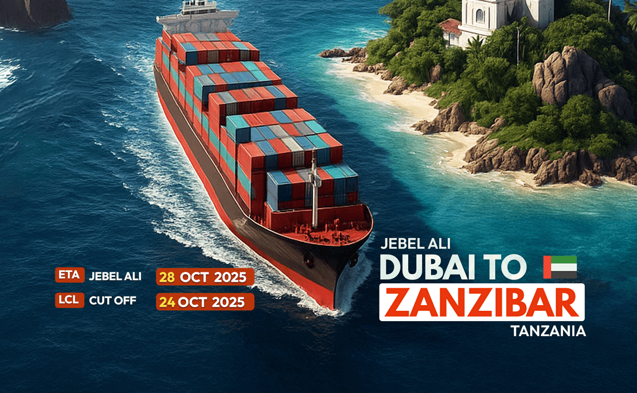 Cargo ship departing Jebel Ali Port in Dubai carrying LCL containers to Zanzibar under Masterglobal Logistics.