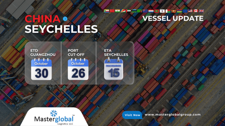 Cargo ship sailing from Guangzhou Port to Seychelles carrying LCL shipments managed by Masterglobal Logistics - October 2025