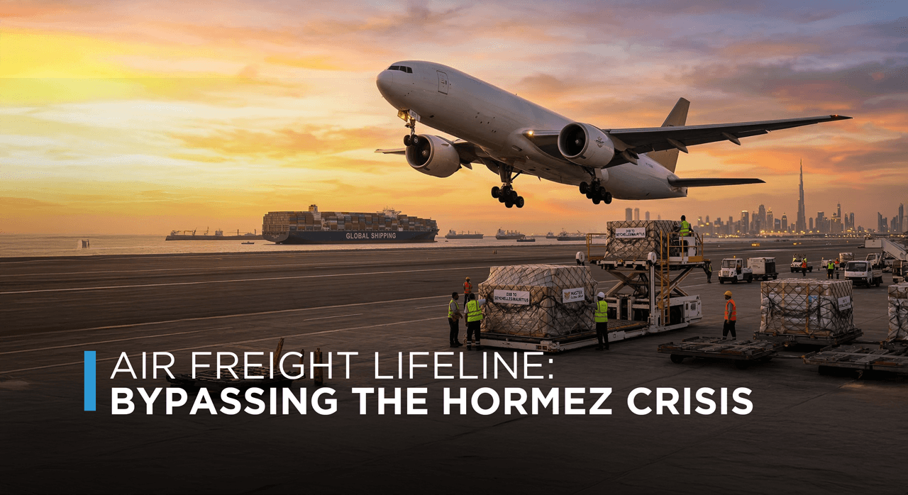 Air freight cargo aircraft from Dubai as an alternative to ocean shipping disruptions in the Strait of Hormuz.